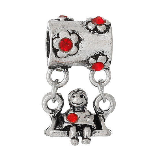 Picture of European Style Large Hole Charm Dangle Beads Little Girl On Swing Antique Silver Color Flower Pattern Red Rhinestone 25mm x 14mm, 10 PCs