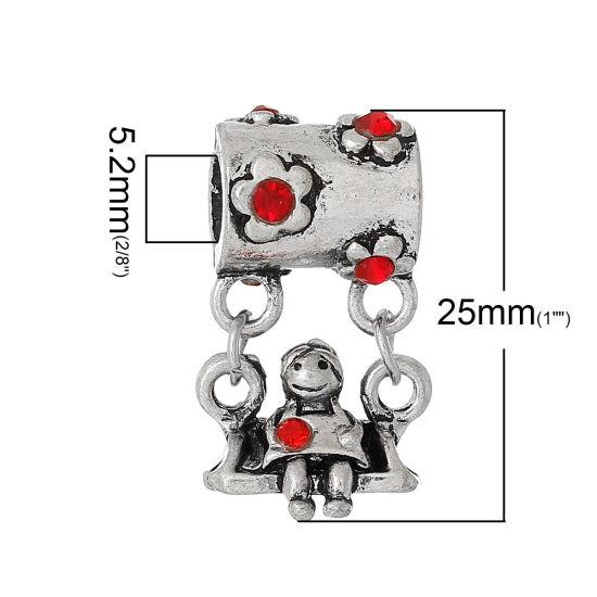 Изображение В Стиле Пандора Маленькая Девочка На Качелях Античное Серебро с узором “ Цветок ”, Красный Со Стразыами 25мм x 14мм, 10 ШТ