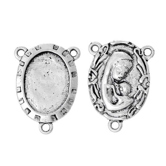 Picture of Zinc Based Alloy Cabochon Settings Connectors Oval Antique Silver Color Virgin Mary Carved（Fits 18mm x 13mm) 27mm(1 1/8") x 19mm(6/8"), 20 PCs