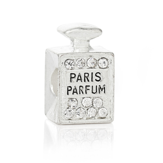 Image de Perles à Gros Trou au Style Européen en Alliage de Zinc Bouteille de Parfum Argenté Gravé Mots " Paris Perfume " à Strass Transparent 16mm x 10mm, Tailles de Trous: 4.6mm, 5 Pcs
