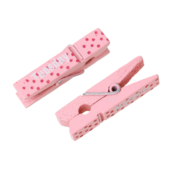 Picture of Wood Photo Paper Clothes Clothespin Clips Note Pegs Pink Dot Message "Tuesday" Pattern 3.6cm x0.9cm(1 3/8" x 3/8"), 50 PCs