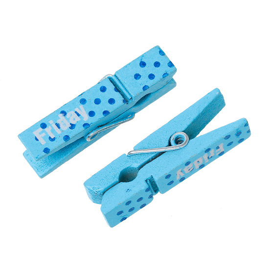 Picture of Wood Photo Paper Clothes Clothespin Clips Note Pegs Blue Dot Message "Friday" Pattern 3.6cm x0.9cm(1 3/8" x 3/8"), 50 PCs