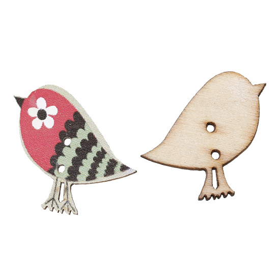 Immagine di Legno Bottone da Cucire ScrapbookBottone Uccello Multicolore Due Fori Fiore Disegno 30mm x 27mm, 50 Pz