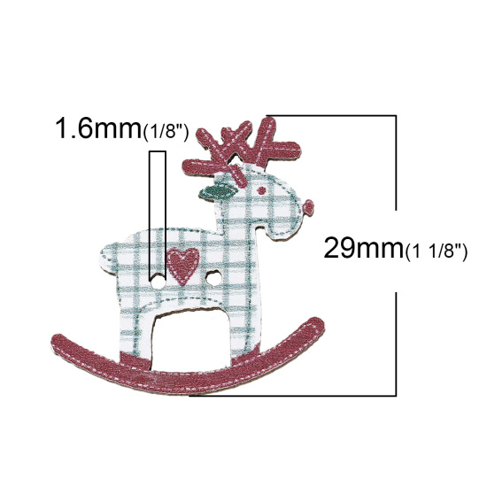 Picture of Natural Wood Sewing Buttons Scrapbooking 2 Holes Christmas Reindeer Dark Red Lattice Pattern 29mm(1 1/8") x 28mm(1 1/8"), 50 PCs