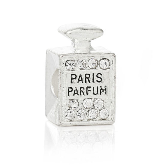 Imagen de Aleación + Brillantito de Estilo Europeo Cuentas Agujeros Grandes Botellas de Perfume Chapado en plata Diamantes de imitación Mensaje Patrón Paris Perfume Con Brillantito Aprox Transparente Tallado Aprox 16mm x 10mm, Agujero: acerca de 4.6mm, 5 Unidades