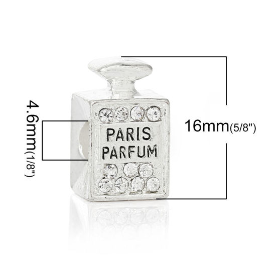 Imagen de Aleación + Brillantito de Estilo Europeo Cuentas Agujeros Grandes Botellas de Perfume Chapado en plata Diamantes de imitación Mensaje Patrón Paris Perfume Con Brillantito Aprox Transparente Tallado Aprox 16mm x 10mm, Agujero: acerca de 4.6mm, 5 Unidades