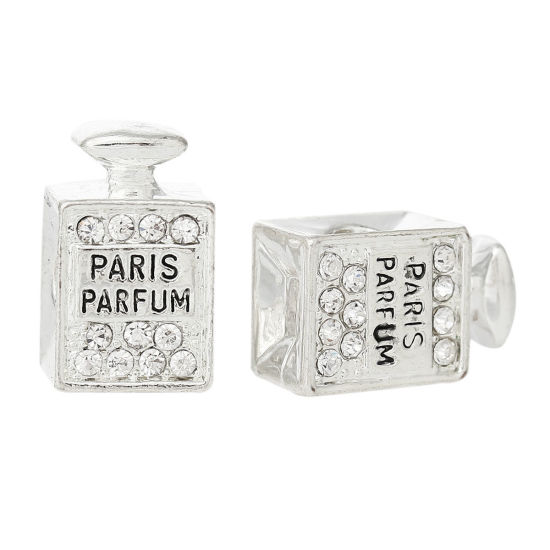 Imagen de Aleación + Brillantito de Estilo Europeo Cuentas Agujeros Grandes Botellas de Perfume Chapado en plata Diamantes de imitación Mensaje Patrón Paris Perfume Con Brillantito Aprox Transparente Tallado Aprox 16mm x 10mm, Agujero: acerca de 4.6mm, 5 Unidades
