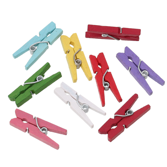 Picture of Wood Photo Paper Clothes Clothespin Clips Note Pegs At Random Mixed 25mm x5mm(1" x 2/8"), 100 PCs