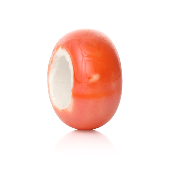 Picture of Ceramics European Style Large Hole Charm Beads Flat Round Orange-red AB Color About 13mm x 6mm, Hole: Approx 6.2mm-6.6mm, 10 PCs