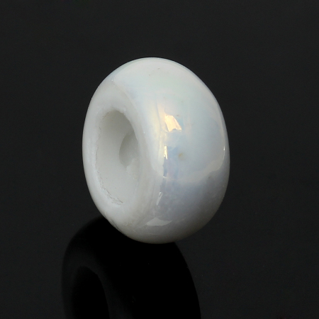 Cerámica Cuentas Agujeros Grandes Plano Redondo Blanco Aprox 12mm x 6mm, Agujero: acerca de 6mm-6.2mm, 10 Unidades