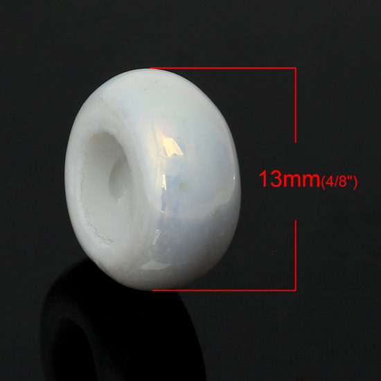 Image de Perles à Gros Trou au Style Européen en Céramique Plat-Rond Blanc Env. 12mm x 6mm, Tailles de Trous: 6mm-6.2mm, 10 Pcs