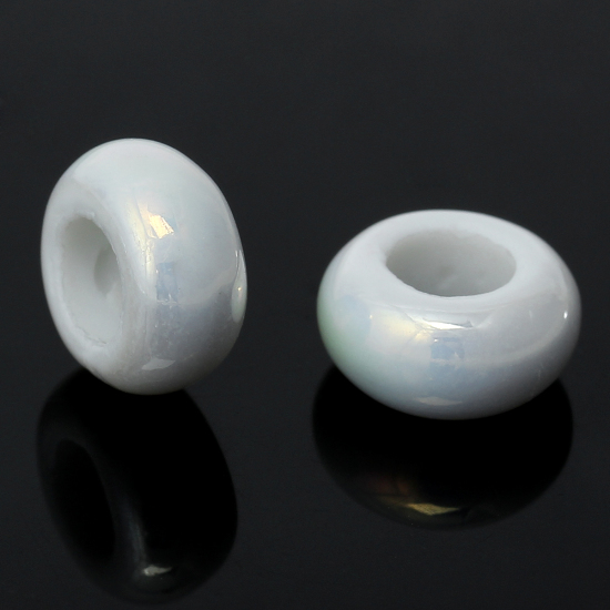 Image de Perles à Gros Trou au Style Européen en Céramique Plat-Rond Blanc Env. 12mm x 6mm, Tailles de Trous: 6mm-6.2mm, 10 Pcs