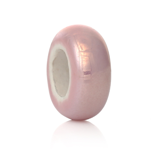 Picture of Ceramics European Style Large Hole Charm Beads Flat Round Light Pink AB Rainbow Color Aurora Borealis About 13mm x6mm, Hole: Approx 6.4mm - 6.2mm, 10 PCs