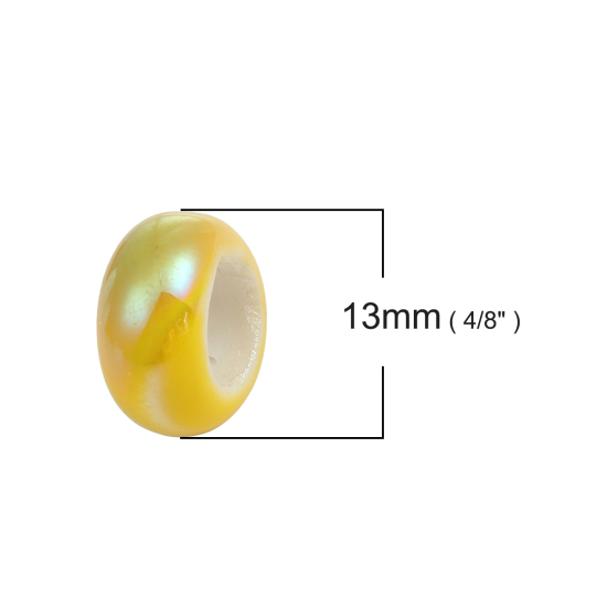 Picture of Ceramics European Style Large Hole Charm Beads Flat Round Lemon Yellow AB Color About 13mm x 6mm, Hole: Approx 6mm-6.4mm, 10 PCs