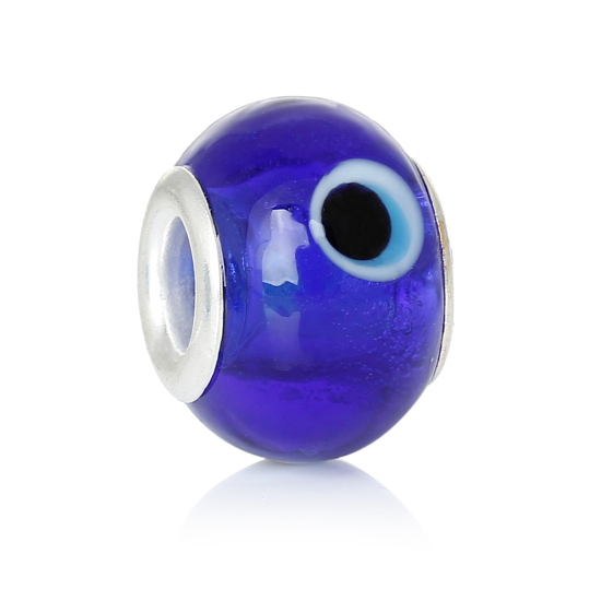 Picture of Lampwork Glass European Style Large Hole Charm Beads Round Royal Blue Silver Plated Core Evil Eye Pattern About 14mm x10mm, Hole: Approx 5.1mm, 10 PCs