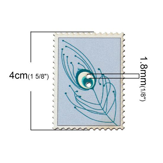 Immagine di Legno Bottone da Cucire ScrapbookBottone Francobollo Blu Chiaro Due Fori Piuma Disegno 40mm x 29mm, 20 Pz