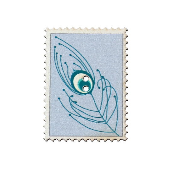 Immagine di Legno Bottone da Cucire ScrapbookBottone Francobollo Blu Chiaro Due Fori Piuma Disegno 40mm x 29mm, 20 Pz