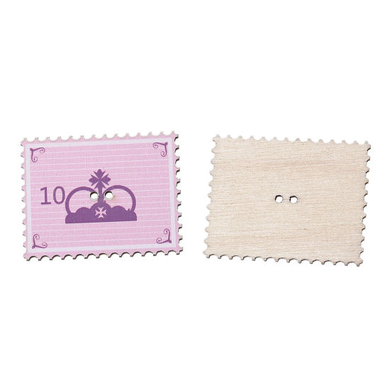 Picture of Wood Sewing Button Scrapbooking Postage Stamp Pink Crown Pattern 2 Holes 3.8cm x 3cm(1 4/8"x 1 1/8"), 20 PCs