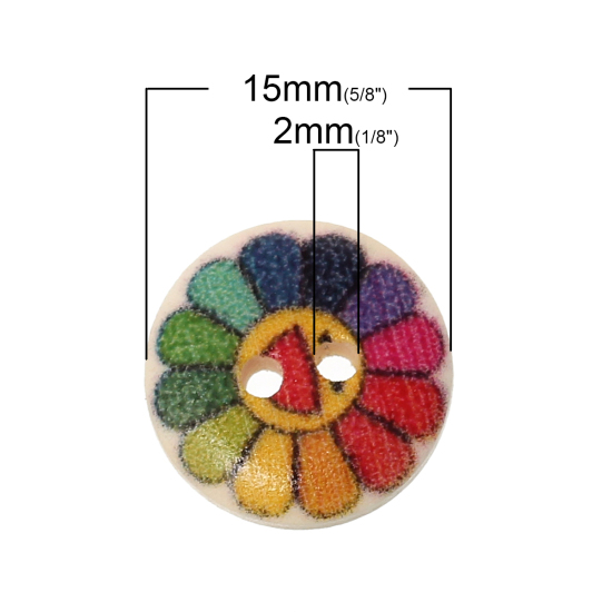 Immagine di Legno Bottone da Cucire ScrapbookBottone Tondo A Random Due Fori Fiore Disegno 15mm Dia, 100 Pz