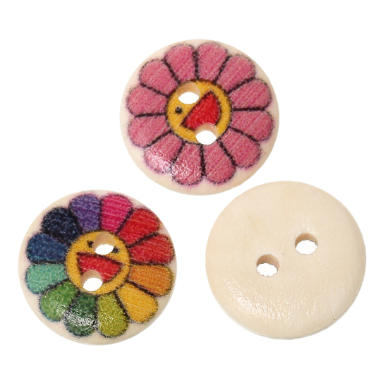 Immagine di Legno Bottone da Cucire ScrapbookBottone Tondo A Random Due Fori Fiore Disegno 15mm Dia, 100 Pz