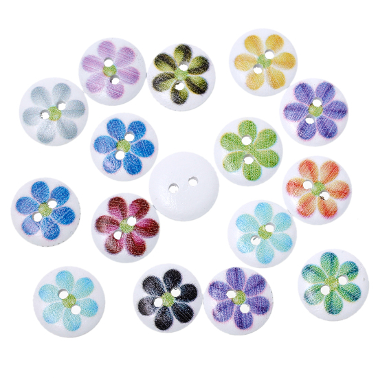 Picture of Wood Sewing Buttons Scrapbooking Round At Random Mixed 2 Holes Flower Pattern 15mm( 5/8") Dia, 100 PCs