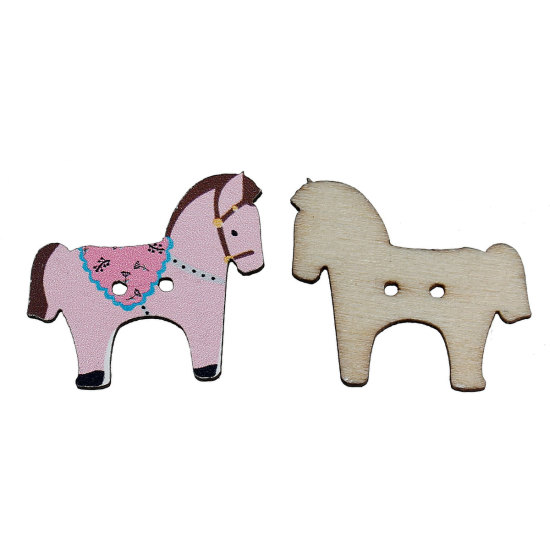 Picture of Wood Sewing Button Scrapbooking Horse Pink 2 Holes 29mm(1 1/8") x 25mm(1"), 5 PCs