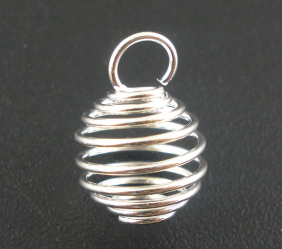Picture of Silver Plated Spiral Bead Cages Pendants Findings (Fit Bead Size:8mm Dia.) 12mm x9mm, 100 PCs