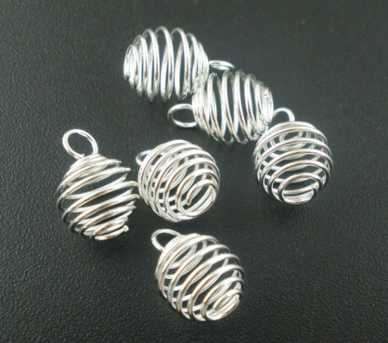 Picture of Silver Plated Spiral Bead Cages Pendants Findings (Fit Bead Size:8mm Dia.) 12mm x9mm, 100 PCs