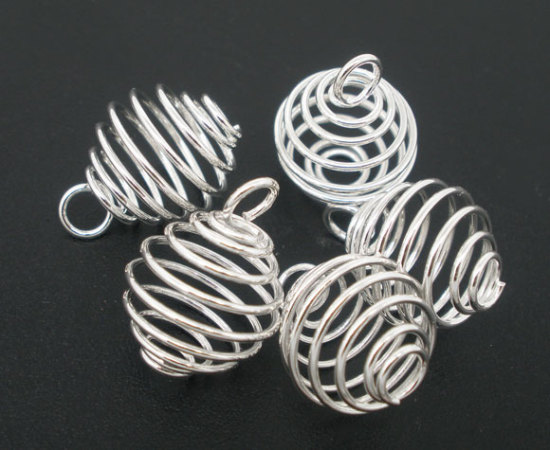 Picture of Iron Based Alloy Spiral Bead Cages Pendants Lantern Silver Plated 17mm x 14mm, 50 PCs