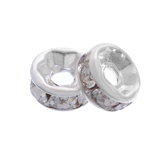 Immagine di Ottone + Strass Separatori Perline Tondo Piatto Trasparente Argento Placcato Fiore Disegno Bianco Strass Circa 5mm Dia, Foro:Circa 1mm, 30 Pz