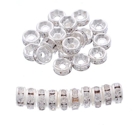 Immagine di Ottone + Strass Separatori Perline Tondo Piatto Trasparente Argento Placcato Fiore Disegno Bianco Strass Circa 5mm Dia, Foro:Circa 1mm, 30 Pz