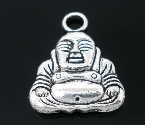 Immagine di Lega di Zinco Charm Ciondoli Maitreya Budda Argento Antico Nulla Disegno 20.0mm x 17.0mm, 20 Pz