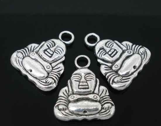 Immagine di Lega di Zinco Charm Ciondoli Maitreya Budda Argento Antico Nulla Disegno 20.0mm x 17.0mm, 20 Pz