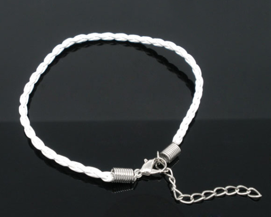 Picture of PU Leather Waved String Braided Friendship Bracelets White 20cm(7 7/8") long, 20 PCs