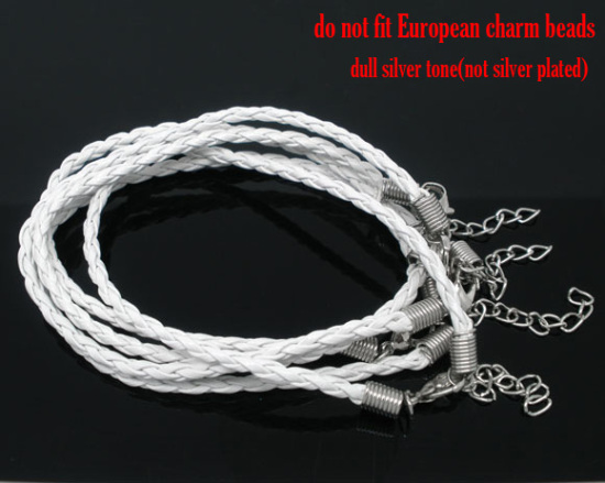 Picture of PU Leather Waved String Braided Friendship Bracelets White 20cm(7 7/8") long, 20 PCs