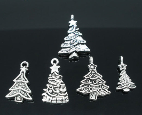 Picture of Zinc Based Alloy Charms Mixed Christmas Tree Antique Silver 20mm x11mm( 6/8" x 3/8") - 29mm x17mm(1 1/8"x 5/8), 20 PCs