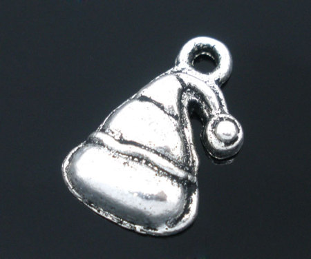 Imagen de Colgantes Aleación del Metal Del Zinc de Sombreros de la Navidad Plata Antigua Rhinestone 16.0mm x 10.0mm, 50 Unidades 