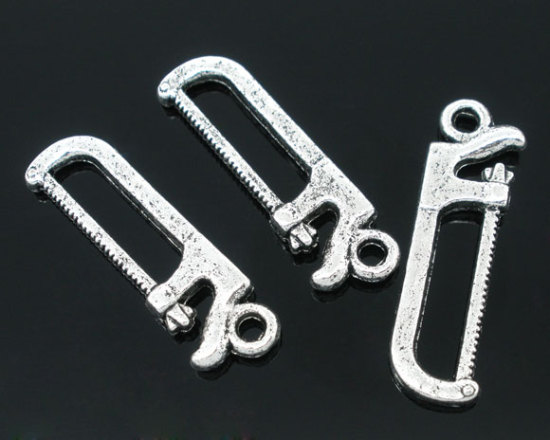 Picture of 50 PCs Antique Silver Color Saw Charms Pendants 26x8mm Findings