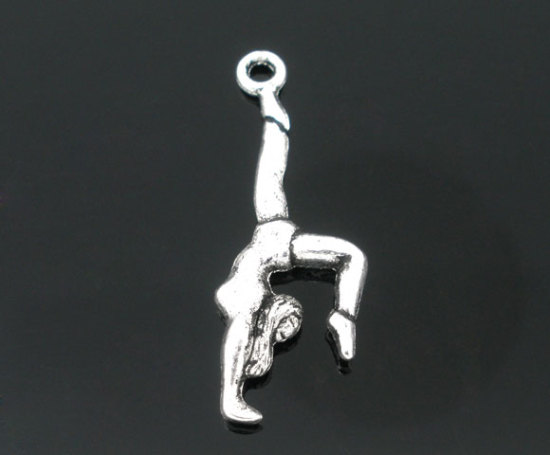 Picture of 30PCs Antique Silver Color Gymnast Charm Pendants 30x10mm Findings