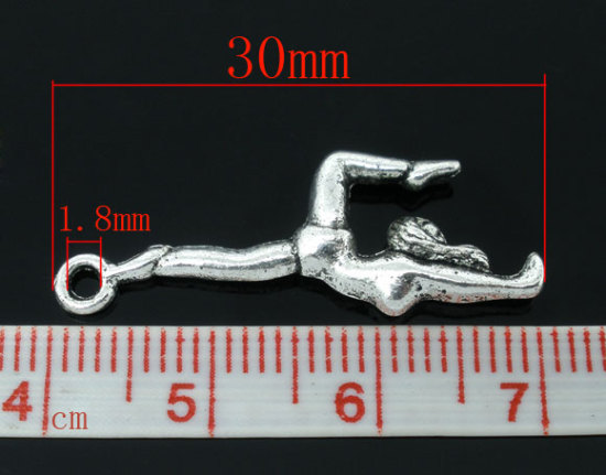 Picture of 30PCs Antique Silver Color Gymnast Charm Pendants 30x10mm Findings