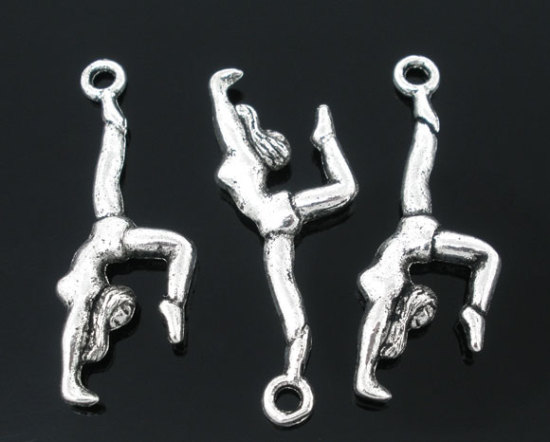 Picture of 30PCs Antique Silver Color Gymnast Charm Pendants 30x10mm Findings