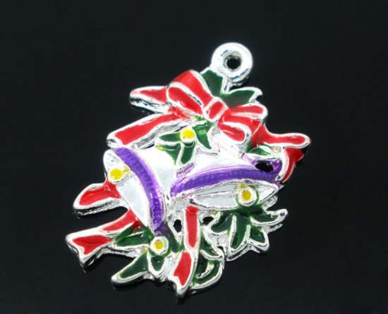 Imagen de Colgantes Aleación del Metal Del Zinc de Cascabel Argentado Rhinestone 25.0mm x 18.0mm, 10 Unidades 