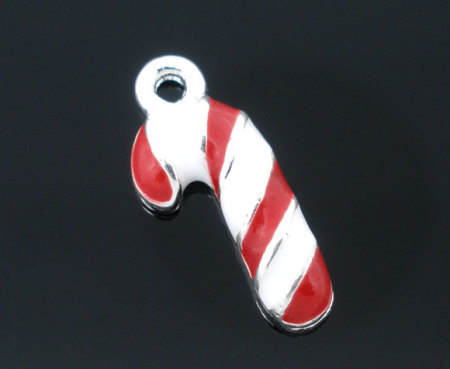 Imagen de Colgantes Aleación del Metal Del Zinc de Bastón de Caramelo de Navidad Argentado Rhinestone 19.0mm x 8.0mm, 20 Unidades 
