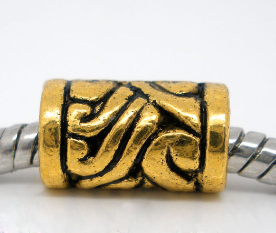 Picture of Zinc Based Alloy European Style Large Hole Charm Beads Cylinder Gold Tone Antique Gold Pattern About 11mm x 6mm, Hole: Aprox 4.5mm, 50 PCs