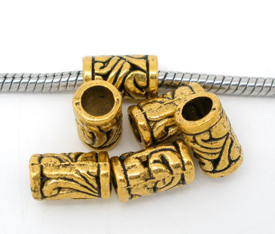 Picture of Zinc Based Alloy European Style Large Hole Charm Beads Cylinder Gold Tone Antique Gold Pattern About 11mm x 6mm, Hole: Aprox 4.5mm, 50 PCs