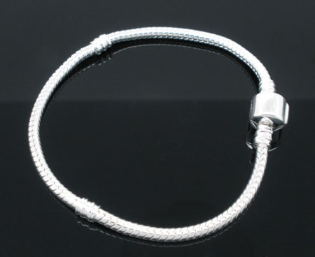 White Copper European Style Snake Chain Charm Bracelets Silver Plated 925 Stamped Sterling Silver Imitation W/ Stopper Clip 16cm(6 2/8") long, 1 Piece