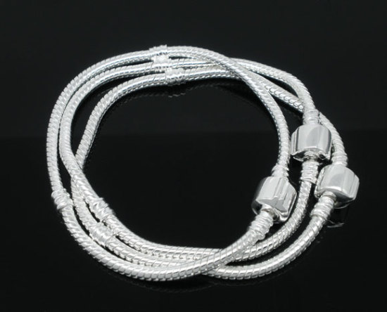 Picture of White Copper European Style Snake Chain Charm Bracelets Silver Plated 925 Stamped Sterling Silver Imitation W/ Stopper Clip 17cm long, 1 Piece