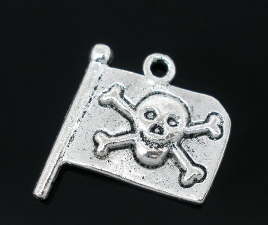 Immagine di Lega di Zinco Charm Ciondoli Bandiera pirata Argento Antico Cranio Disegno 22.0mm x 19.0mm, 20 Pz