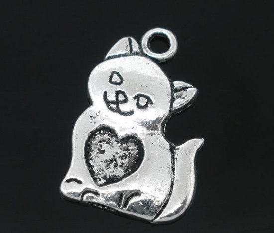 Picture of 40 PCs Antique Silver Color Cat/Heart Charms Pendants 22x14mm