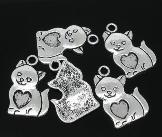 Picture of 40 PCs Antique Silver Color Cat/Heart Charms Pendants 22x14mm